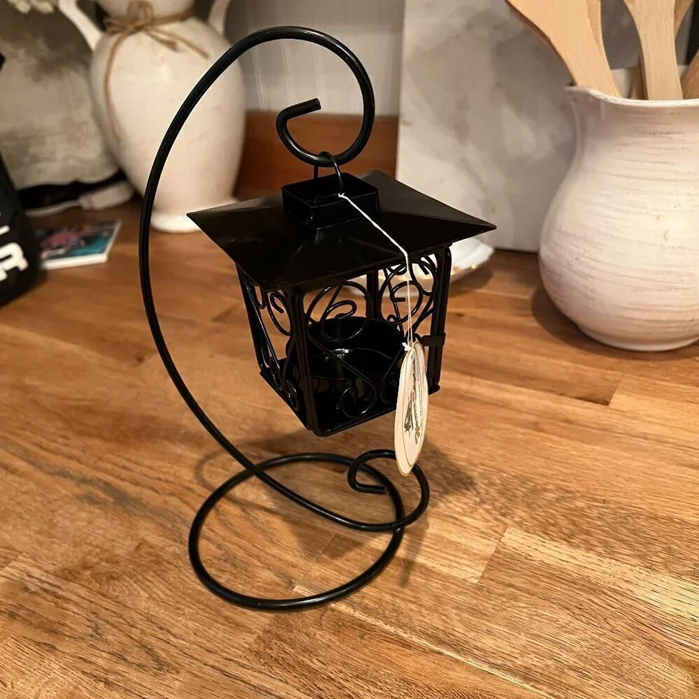 Mid-Century Modern Metal Black Bird House Cage Tea Light Hanging Lantern w/Stand
